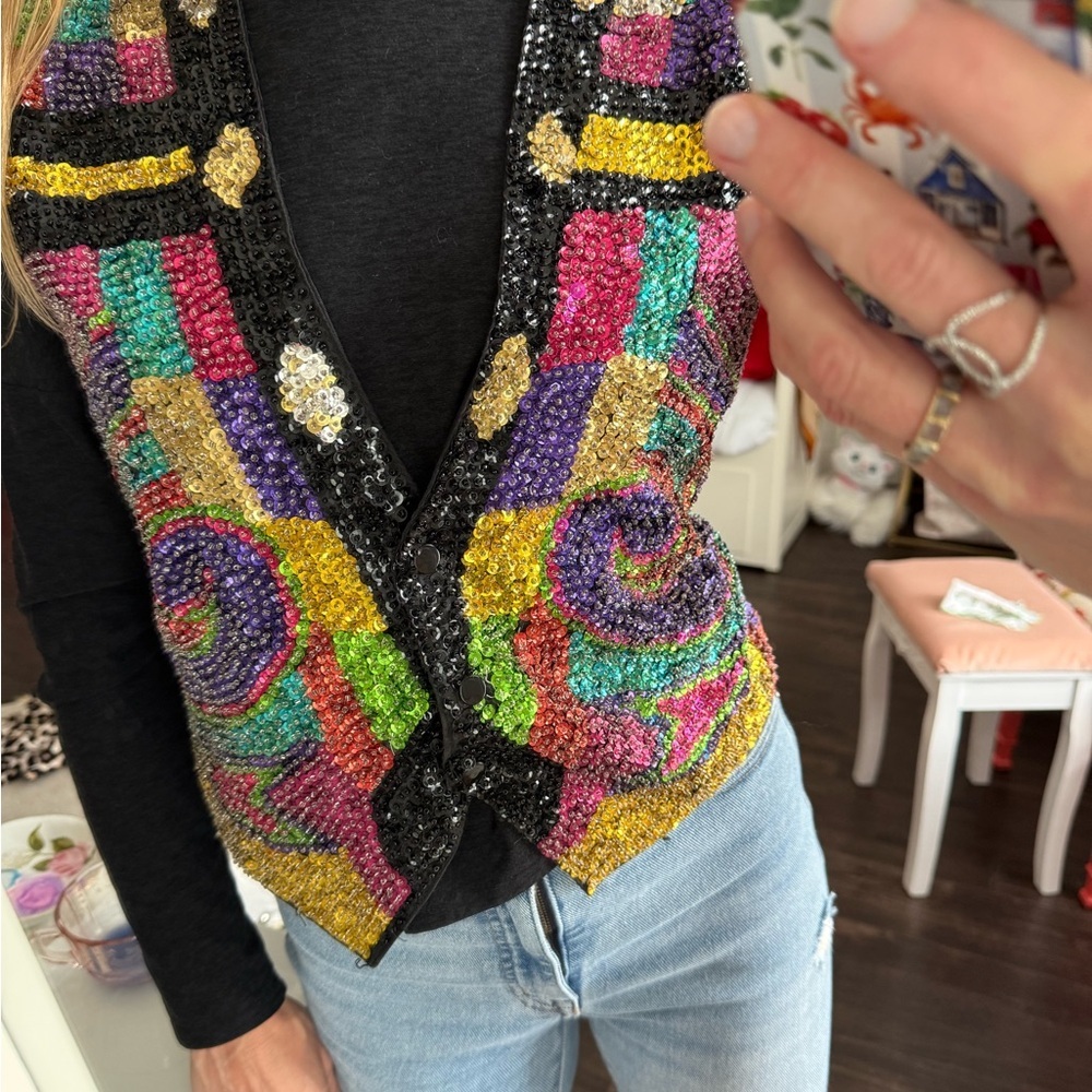 Vintage Beaded Sequin Vest Colorful Psychedelic Festival Statement Top S/M